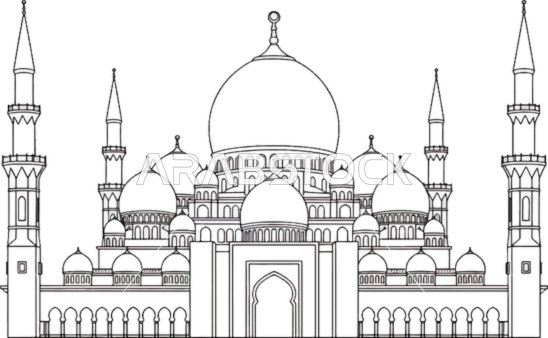 A line drawing of the Sheikh Zayed Grand Mosque, a unique architectural marvel, performing prayers and worship, the concept of worship and drawing closer to God Almighty, the architectural engineering art of domes and minarets, white background, vector illustrator.