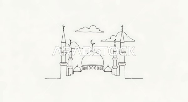 رسم خطي لمسجد على الطراز الحديث، أداء الصلاة والعبادات ,مفهوم العبادة والتقرب الى الله تعالى, الفن الهندسي المعماري للقبب والمآذن، خلفية بيضاء، فيكتور اليستريتور