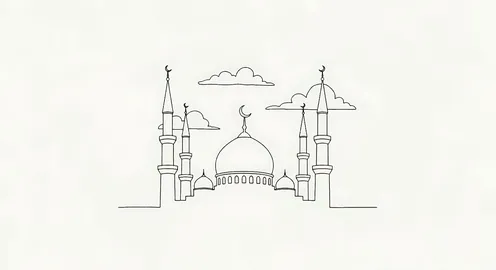 رسم خطي لمسجد على الطراز الحديث، أداء الصلاة والعبادات ,مفهوم العبادة والتقرب الى الله تعالى, الفن الهندسي المعماري للقبب والمآذن، خلفية بيضاء، فيكتور اليستريتور