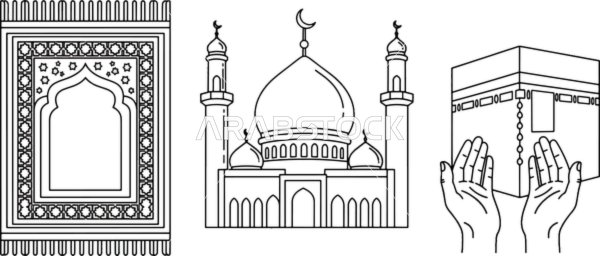 رسم خطي لمجموعة من الرموز الإسلامية، سجادة صلاة ومسجد والكعبة المشرفة مع أيدي مرفوعة بالدعاء، أداء الصلاة والعبادات ,مفهوم العبادة والتقرب الى الله تعالى, الفن الهندسي المعماري للقبب والمآذن، خلفية بيضاء، فيكتور اليستريتور