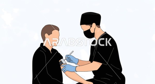 مريض يتلقى الرعاية الصحية في المستشفى، رسم توضيحي لطبيب يرتدي الكمامة يقوم باجراء الفحوصات الطبية، زيارة العيادات والمراكز الطبية بشكل دوري، اتباع اجراءات الوقاية، فيكتور اليستريتور