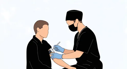 A patient receiving healthcare in the hospital, an illustration of a doctor wearing a mask conducting medical examinations, visiting clinics and medical centers regularly, following preventive measures, vector illustrator.