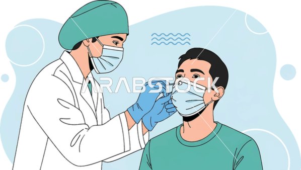 A patient receiving healthcare in the hospital, an illustration of a doctor wearing a mask conducting medical examinations, visiting clinics and medical centers regularly, following preventive measures, vector illustrator.