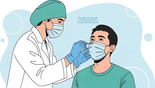 مريض يتلقى الرعاية الصحية في المستشفى، رسم توضيحي لطبيب يرتدي الكمامة يقوم باجراء الفحوصات الطبية، زيارة العيادات والمراكز الطبية بشكل دوري، اتباع اجراءات الوقاية، فيكتور اليستريتور