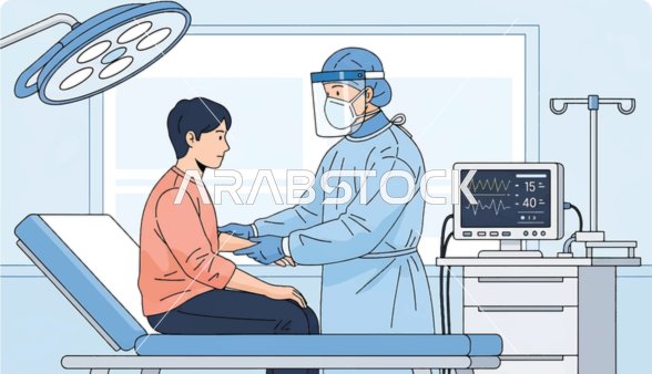مريض يتلقى الرعاية الصحية في المستشفى، رسم توضيحي لطبيب يرتدي الكمامة يقوم باجراء الفحوصات الطبية، زيارة العيادات والمراكز الطبية بشكل دوري، اتباع اجراءات الوقاية، فيكتور اليستريتور