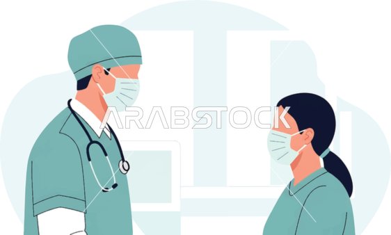 مريض يتلقى الرعاية الصحية في المستشفى، رسم توضيحي لطبيب يرتدي الكمامة يقوم باجراء الفحوصات الطبية، زيارة العيادات والمراكز الطبية بشكل دوري، اتباع اجراءات الوقاية، فيكتور اليستريتور