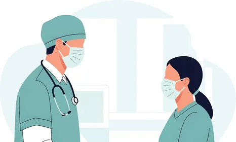 مريض يتلقى الرعاية الصحية في المستشفى، رسم توضيحي لطبيب يرتدي الكمامة يقوم باجراء الفحوصات الطبية، زيارة العيادات والمراكز الطبية بشكل دوري، اتباع اجراءات الوقاية، فيكتور اليستريتور