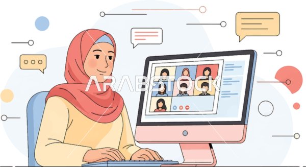 Vector of cartoon characters, a Gulf Arab university student studying remotely, a Gulf Arab employee working remotely, using a computer, distance learning, e-learning, conducting a remote business meeting, vector illustrator.