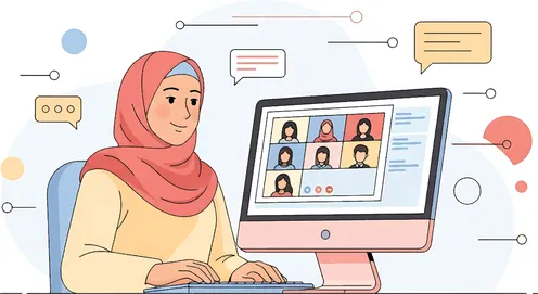 فيكتور لشخصيات كرتونية، طالبة عربية خليجية جامعية تدرس عن بعد، موظفة عربية خليجية تعمل عن بعد، استخدام جهاز الحاسوب ، الدراسة عن بعد ، التعليم الالكتروني ، اجراء اجتماع عمل عن بعد، فيكتور اليستريتور