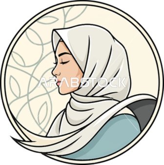 شعار و أيقونة لامرأة ترتدي الحجاب داخل دائرة، النعومة والأنوثة والأناقة والاهتمام بالمظهر الخارجي , شابةعربية خليجية سعودية محجبة ، خلفية بيضاء، فيكتور اليستريتور