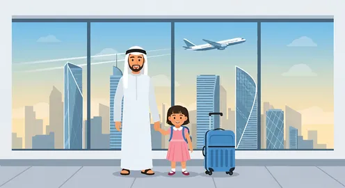 فيكتور لأب يرتدي الزي التقليدي يقف مع ابنته في المطار مع حقائب السفر ، رحلة سياحية ممتعة مع العائلة ، سياحة و سفر في المملكة، فيكتور اليستريتور