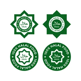 رموز وأيقونات متنوعة، نماذج شعارات باللغة العربية والانجليزية، شعار  حلال باللون الأخضر، ملصقات طعام الحلال التقليدية الاسلامية، ملصقات المنتجات الغذائية، خلفية بيضاء، فيكتور اليستريتور