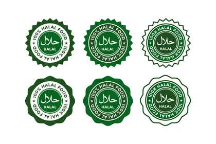 رموز وأيقونات متنوعة، نماذج شعارات باللغة العربية والانجليزية، شعار  حلال باللون الأخضر، ملصقات طعام الحلال التقليدية الاسلامية، ملصقات المنتجات الغذائية، خلفية بيضاء، فيكتور اليستريتور