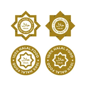 Various symbols and icons, logo samples in Arabic and English, halal logo in gold color, traditional Islamic halal food stickers, food product stickers, white background, vector illustrator.