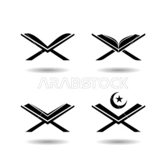 رسم توضيحي للمصحف الشريف على حامل باللون الاسود, التعبد بتلاوة وحفظ القران الكريم, ايقونات ورموز شهر رمضان المبارك، خلفية بيضاء، فيكتور اليستريتور