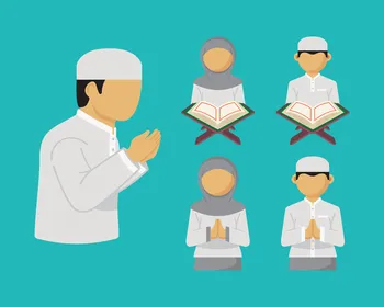 Illustrations of a boy and a girl raising their hands in gestures of prayer and supplication to God Almighty, the concept of worship and drawing closer to the Lord of the servants, performing Islamic religious duties, worshiping through recitation and memorization of the Holy Quran, icons and symbols of the blessed month of Ramadan, blue background, vector illustration.