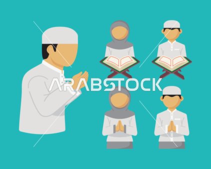 Illustrations of a boy and a girl raising their hands in gestures of prayer and supplication to God Almighty, the concept of worship and drawing closer to the Lord of the servants, performing Islamic religious duties, worshiping through recitation and memorization of the Holy Quran, icons and symbols of the blessed month of Ramadan, blue background, vector illustration.