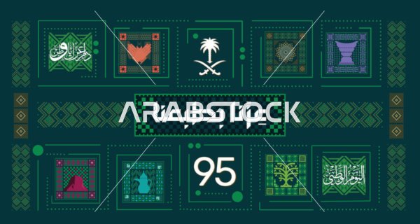 Colored square-shaped icons, decorated Gulf Arabic shapes, traditional embroidery patterns, celebrating Saudi National Day on September 23, Flag Day on March 11, the manuscript "Our Pride is in Our Nature," commemorating the 95th anniversary of Saudi Arabia, vector illustrator.