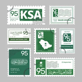 مجموعة طوابع بريدية للاحتفال باليوم الوطني السعودي 23 سبتمبر، يوم العلم 11 مارس، احياء الذكرى 95 للسعودية، عبارات ونصوص باللغة العربية، خلفية خضراء، فيكتور اليستريتور