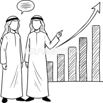 A line drawing of two Saudi Arabian Gulf Arab men wearing traditional attire standing in front of a chart, representing financial and economic progress and growth, symbols of prosperity and success.