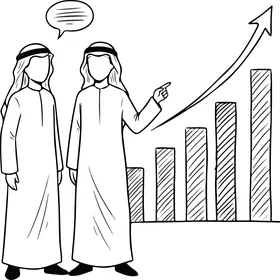 A line drawing of two Saudi Arabian Gulf Arab men wearing traditional attire standing in front of a chart, representing financial and economic progress and growth, symbols of prosperity and success.