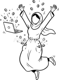 Using a modern and advanced technical device, remote work, managing business and required tasks, a line drawing of a Saudi Arabian Gulf woman in a hijab jumping with gestures of joy and happiness, using a laptop, white background, vector illustrator.