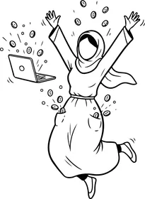 Using a modern and advanced technical device, remote work, managing business and required tasks, a line drawing of a Saudi Arabian Gulf woman in a hijab jumping with gestures of joy and happiness, using a laptop, white background, vector illustrator.
