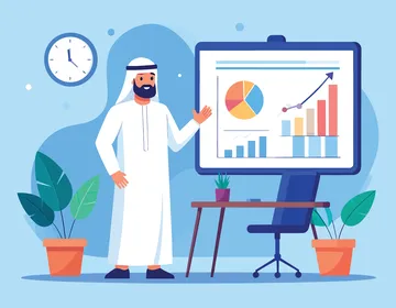 متابعة احصائيات العمل, رجل أعمال عربي خليجي سعودي يرتدي الثوب التقليدي والغترة يقوم بتقديم العرض التقديمي, دارسة الاحصائيات البيانية, الرسوم والمخططات الاحصائية, فيكتور اليستريتور