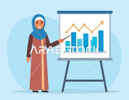 متابعة احصائيات العمل, رسم كرتوني لسيدة اعمال عربية خليجية سعودية محجبة تقوم بتقديم العرض التقديمي, دارسة الاحصائيات البيانية, الرسوم والمخططات الاحصائية, فيكتور اليستريتور