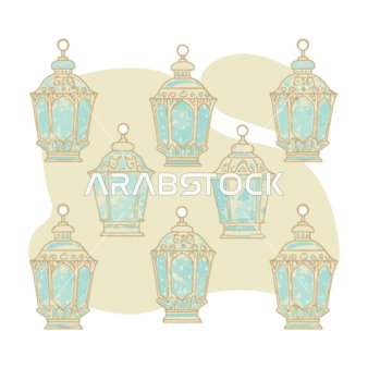 رسوم توضيحية للفوانيس الإسلامية العربية, أعياد ومناسبات دينية, قالب تصميم لمجموعة من المصابيح الرمضانية، شهر رمضان المبارك، ديكورات وزينة رمضان، خلفية بيضاء، فيكتور اليستريتور