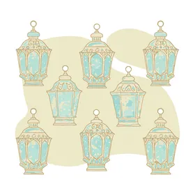 رسوم توضيحية للفوانيس الإسلامية العربية, أعياد ومناسبات دينية, قالب تصميم لمجموعة من المصابيح الرمضانية، شهر رمضان المبارك، ديكورات وزينة رمضان، خلفية بيضاء، فيكتور اليستريتور