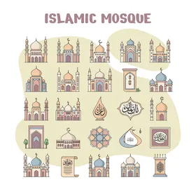 Call of Muslims to perform prayer, illustrative drawings of a group of colorful mosques, white background, the concept of worship and drawing closer to God, distinctive designs of mosque domes and minarets, Islamic Ramadan drawings and decorations, vector illustration.