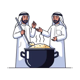 فيكتور لشخصيات كرتونية، رجلان عربيان يرتديان الزي التقليدي يطبخان قدراً كبيراً من الطعام ،  فيكتور اليستريتور