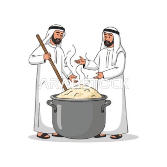 فيكتور لشخصيات كرتونية، رجلان عربيان يرتديان الزي التقليدي يطبخان قدراً كبيراً من الطعام ،  فيكتور اليستريتور