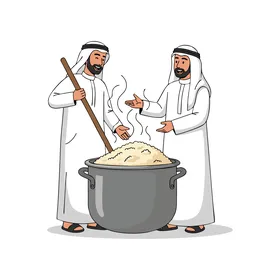 فيكتور لشخصيات كرتونية، رجلان عربيان يرتديان الزي التقليدي يطبخان قدراً كبيراً من الطعام ،  فيكتور اليستريتور