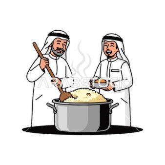 Vector of cartoon characters, two Arab men wearing traditional attire cooking a large pot of food, vector illustrator.
