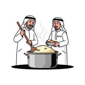 فيكتور لشخصيات كرتونية، رجلان عربيان يرتديان الزي التقليدي يطبخان قدراً كبيراً من الطعام ،  فيكتور اليستريتور