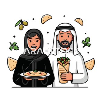 Vector of cartoon characters, an Arab couple carrying shawarma and traditional hummus, vector illustrator.