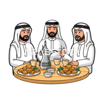Vector of cartoon characters, three men enjoying traditional Arabic coffee and sweets, vector illustrator.