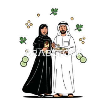 فيكتور لشخصيات كرتونية، زوجان عربيان يستمتعان بالطعام التقليدي بالزي الثقافي، فيكتور اليستريتور
