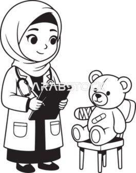 Vector sketch of a cartoon Muslim pediatrician in monochrome, professions and jobs, vector illustrator.
