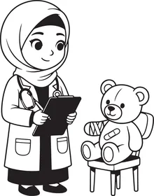 Vector sketch of a cartoon Muslim pediatrician in monochrome, professions and jobs, vector illustrator.