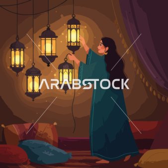 Vector cartoon characters, a woman wearing traditional clothing lighting ornate lanterns in a dimly lit room decorated with luxurious fabrics, vector illustrator.