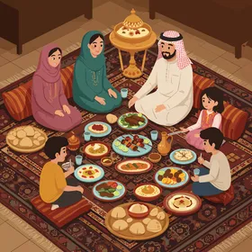 فيكتور شخصيات كرتونية، رسم توضيحي لعائلة عربية كبيرة مع والدين وأربعة أطفال يستمتعون بوجبة تقليدية معًا، جالسين على سجادة فارسية مزخرفة، فيكتور اليستريتور