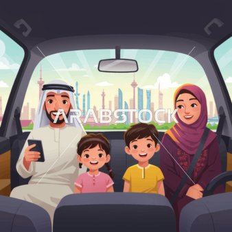 فيكتور شخصيات كرتونية، عائلة داخل سيارة تسافر نحو مدينة بها ناطحات سحاب ويوم مشمس، فيكتور اليستريتور