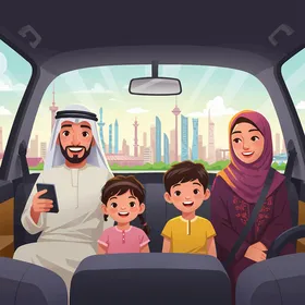 Victor cartoon characters, a family inside a car traveling towards a city with skyscrapers on a sunny day, Victor Illustrator.