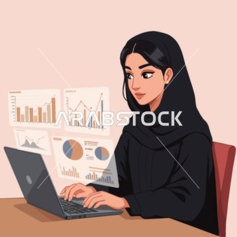 فيكتور شخصيات كرتونية، رسم توضيحي لامرأة عربية محجبة تعمل على حاسوب محمول مع تصورات بيانية ورسوم بيانية تطفو حولها، فيكتور اليستريتور