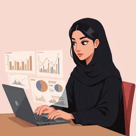 فيكتور شخصيات كرتونية، رسم توضيحي لامرأة عربية محجبة تعمل على حاسوب محمول مع تصورات بيانية ورسوم بيانية تطفو حولها، فيكتور اليستريتور