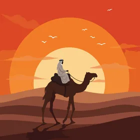Vector cartoon characters, a sunset scene in the desert featuring a person riding a camel with birds and a big sun, vector illustrator.