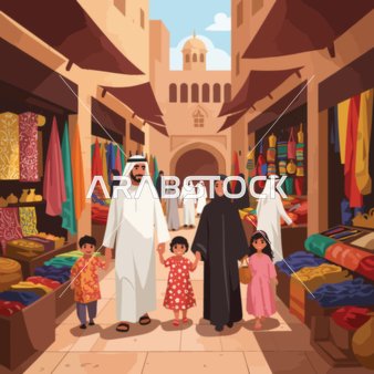 Vector cartoon characters, an Arab family consisting of a father, a mother, and three children wandering in a vibrant traditional Middle Eastern market, surrounded by colorful fabric stalls and historical architecture, vector illustrator.